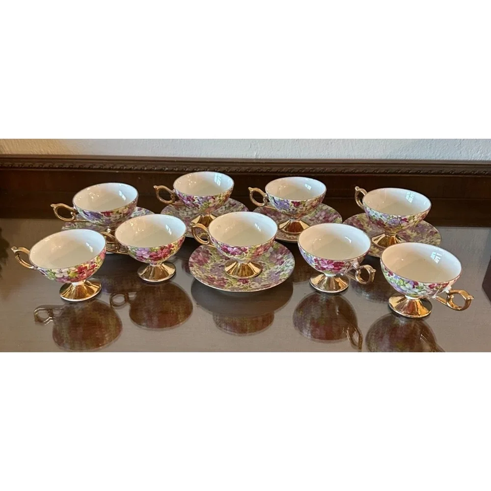 Set of 9 Vintage Fancy China Teacups & Saucers Flower Floral Pattern‎